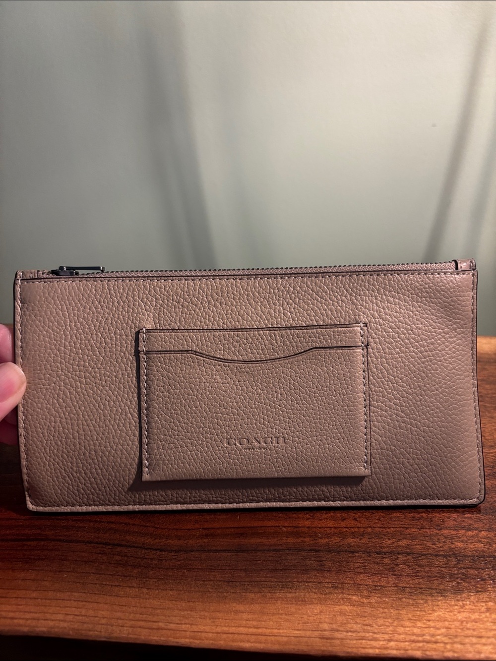 Coach Pebbled Leather Zip Card Wallet in Taupe Brown